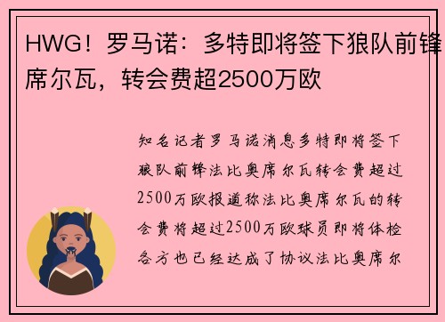 HWG！罗马诺：多特即将签下狼队前锋席尔瓦，转会费超2500万欧